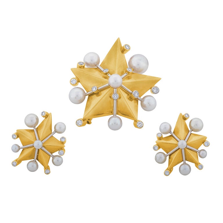 Gold Star Pearl Diamond Gold Earrings and Brooch Set by Fred Paris