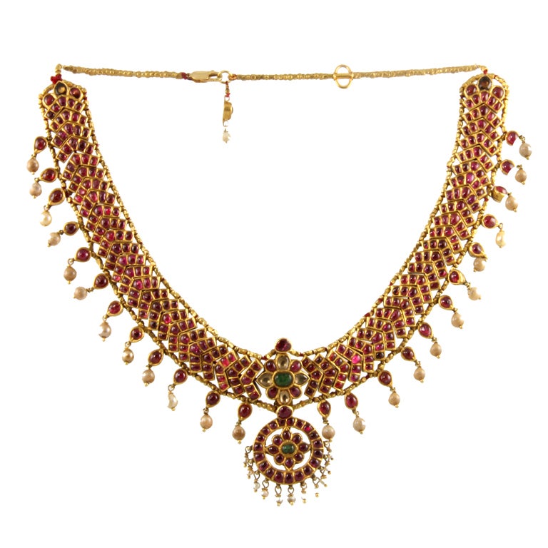 Kundan Ruby and Pearl Necklace For Sale