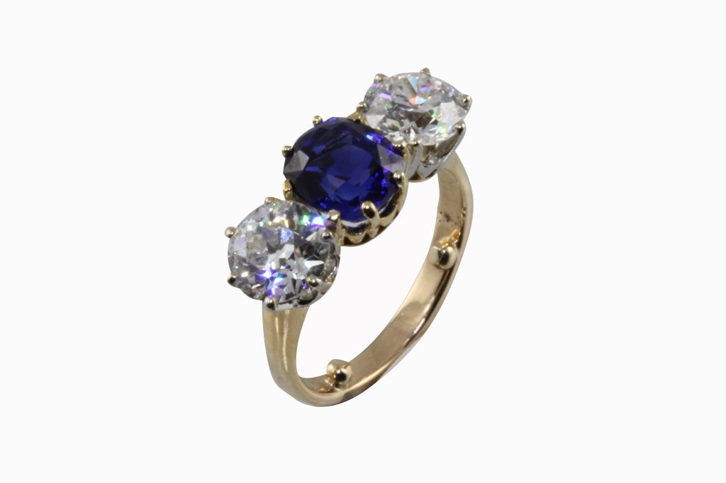 Natural Ceylon Sapphire and Diamond Three Stone Ring