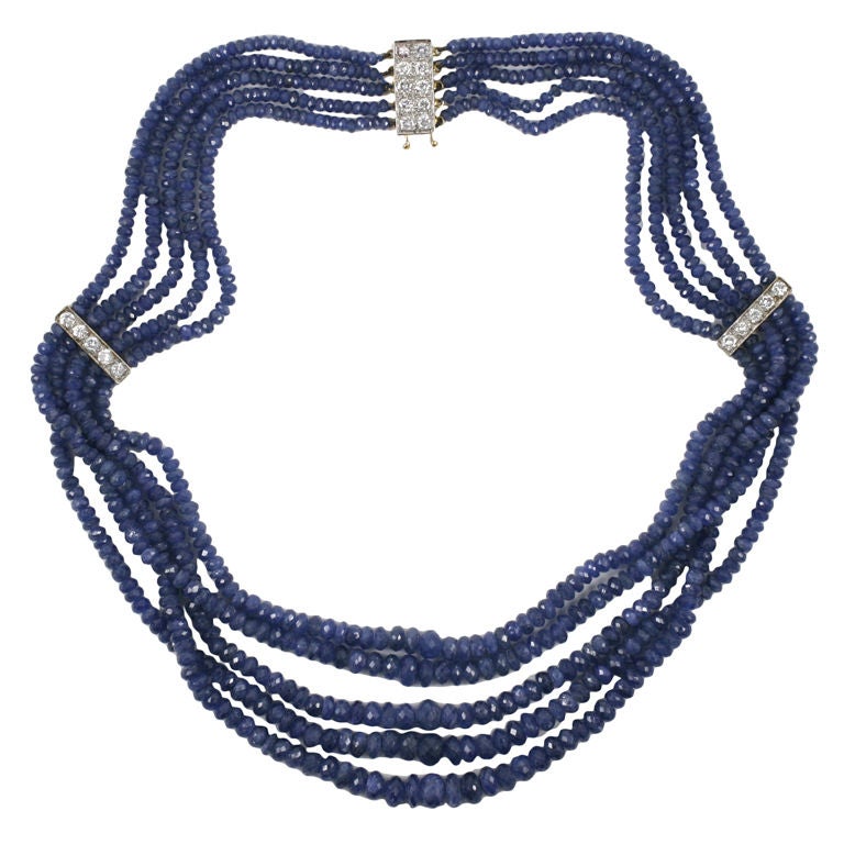 Multi strand faceted Sapphire Bead Necklace For Sale