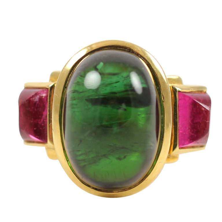 Large Pink and Green Tourmaline Cabochon Ring For Sale