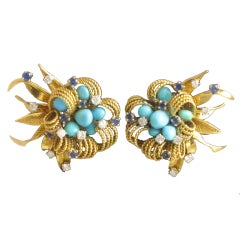 1960's French Gold and Turquoise Flower Earrings