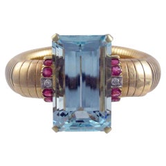 Retro Large Aquamarine and Ruby Cuff Bracelet