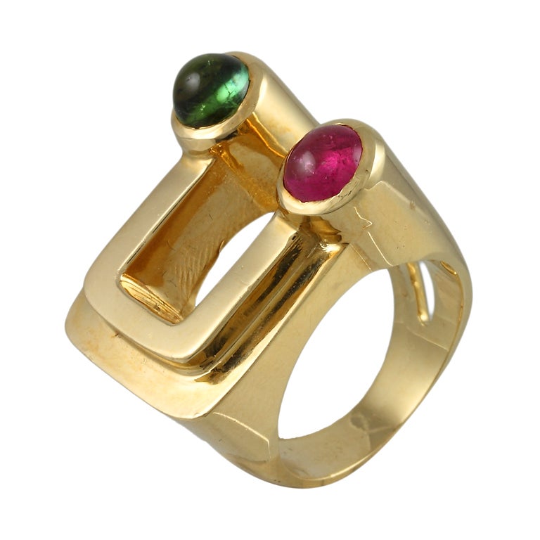 Modernistic "U" Shaped Gold and Tourmaline Ring For Sale