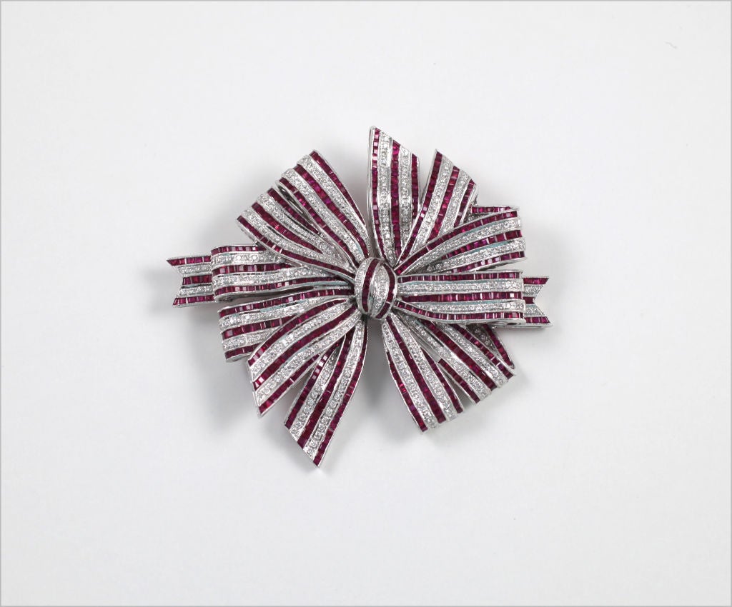 Exquisite Red Spinel and Diamond Ribbon Brooch