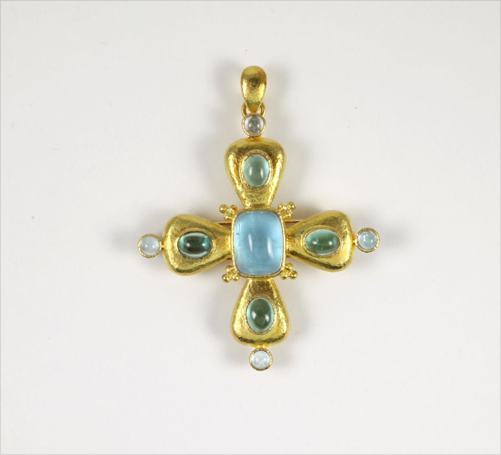 “Elizabeth Locke” 18k yellow gold, Cabochon  Aquamarine and Tourmaline cross brooch/pendant with bail.