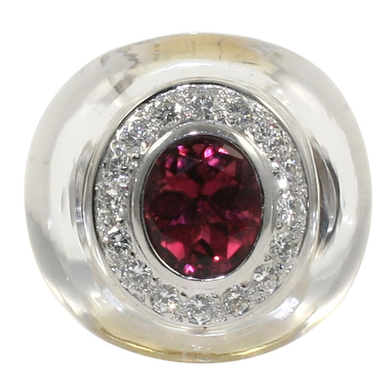 Dramatic Rock Crystal and Tourmaline Cocktail Ring For Sale