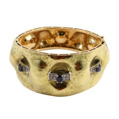 Retro Hammered Gold Bangle, Sapphire and Diamond Detailing