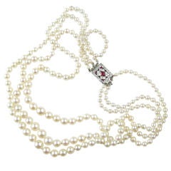 Three Strand Cultured Pearl Neckace with Ruby and Diamond Clasp