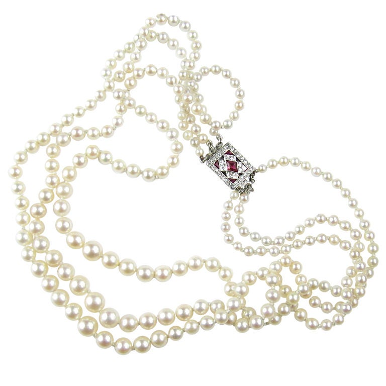 Three Strand Cultured Pearl Neckace with Ruby and Diamond Clasp For Sale
