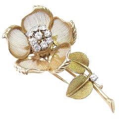Vintage French Gold and Diamond Entremblant Flower Brooch