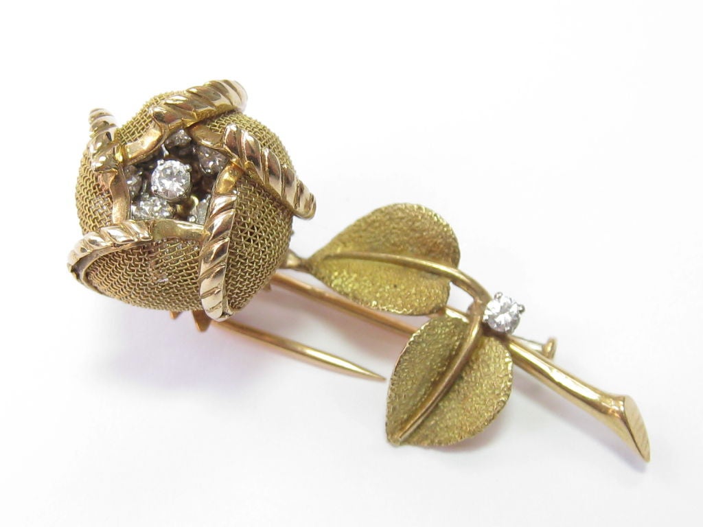 French Gold and Diamond Entremblant Flower Brooch