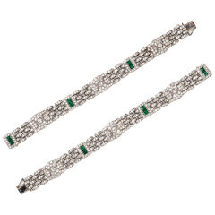 Pair of Deco Diamond and Emerald Bracelets