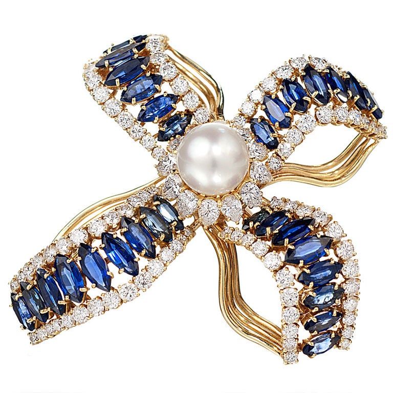 Bow Style Sapphire Diamond and Pearl Pin For Sale