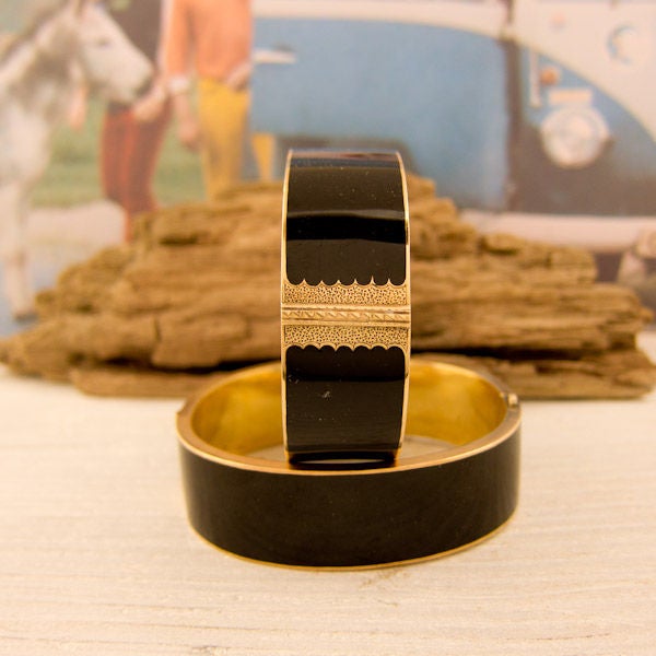Pair of Antique Gold and Black Enamel Victorian Bangles