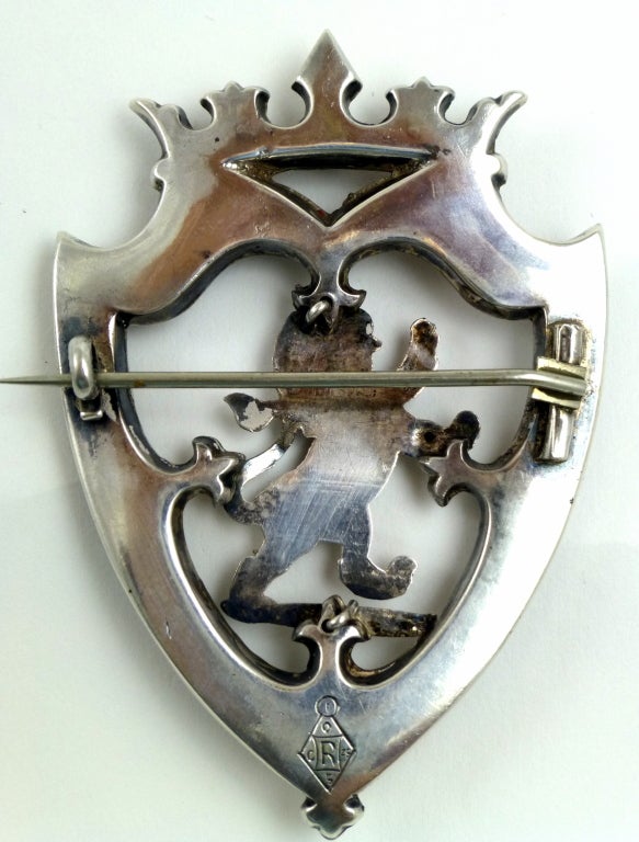 Large,sterling silver-mounted (unmarked, but tested) Scottish agate/granite shield - form brooch with central Scottish lion, topped by a crown with three foil-backed stones, Scotland, Ca. 1880's. @2 3/4