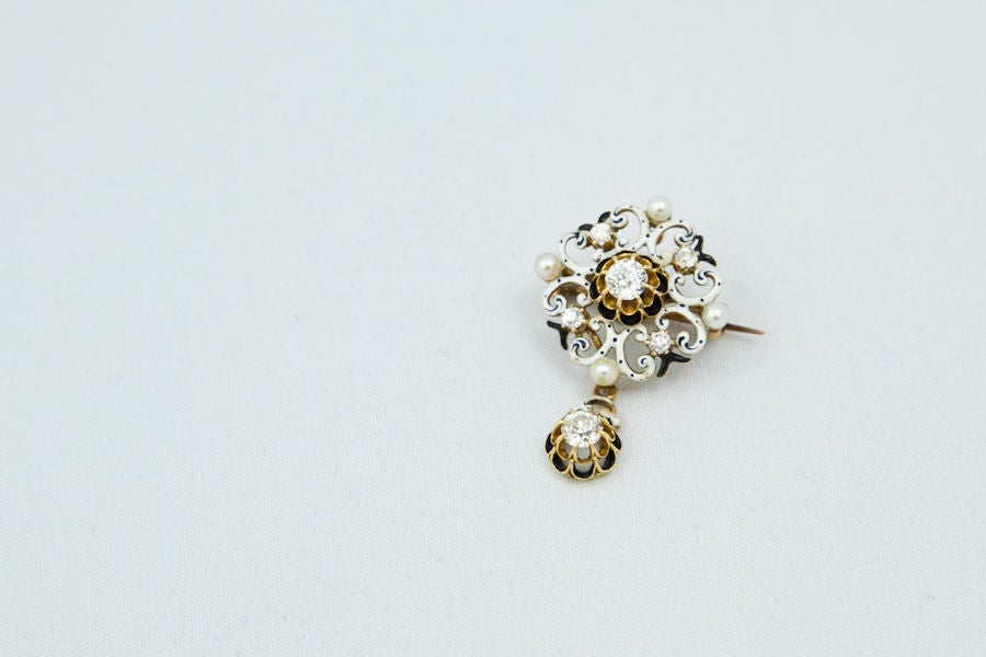 Victorian Diamond Enamel Gold Brooch