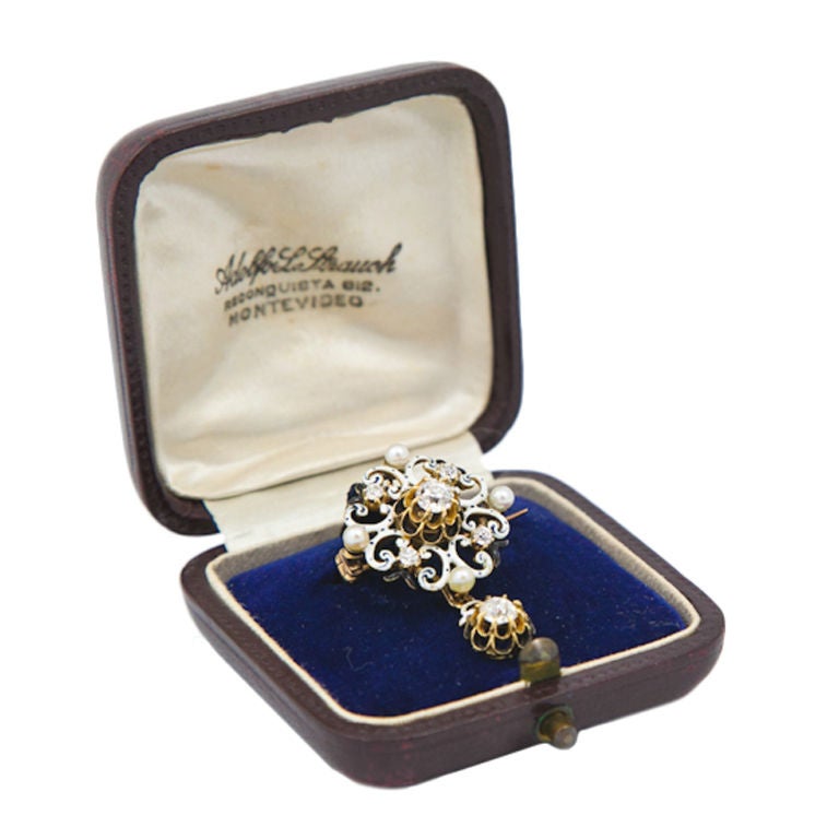 Victorian Diamond Enamel Gold Brooch For Sale