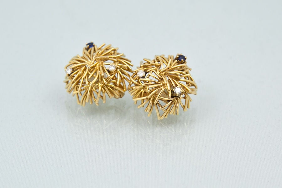 Women's BOUCHERON Gold, Diamond and Sapphire Ear Clips. For Sale