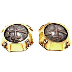 Marilyn Cooperman !8K Yellow Gold & Antique Button Earrings