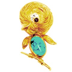 Van Cleef and Arpels 18K Gold Diamond and Turquoise Chick Brooch