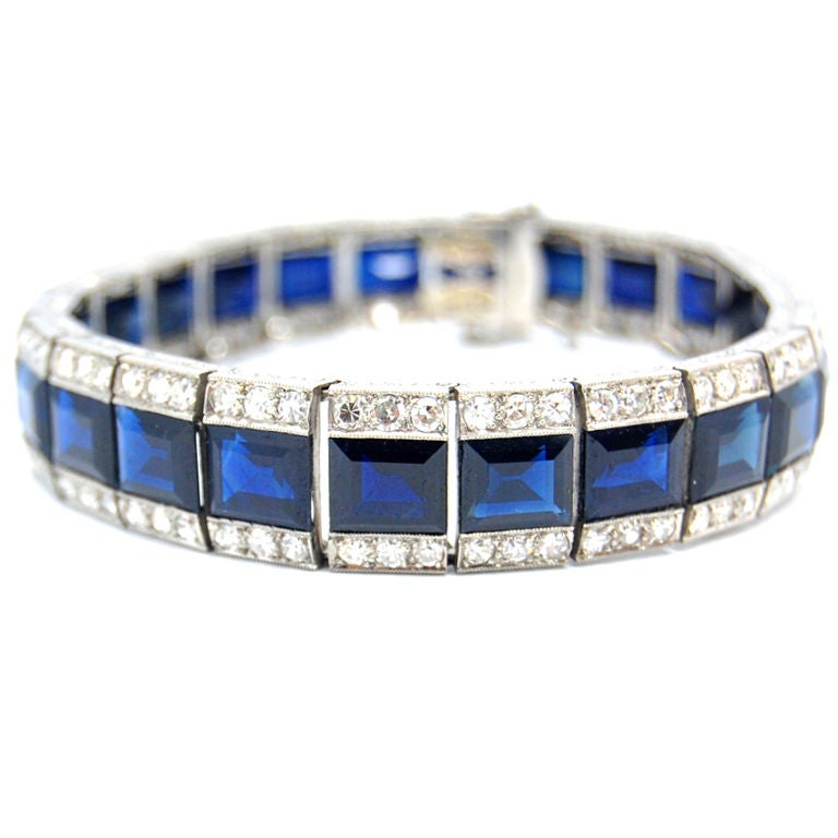 Platinum Diamond Sapphire Bracelet For Sale