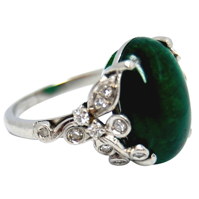 Birk's Emerald Cabochon & Diamond Platinum Ring For Sale