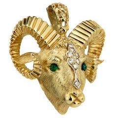 Vintage La Triomphe Diamond Emerald and Gold Ram's Head Brooch