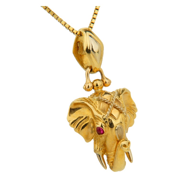 Ruby Yellow Gold Elephant Pendant For Sale