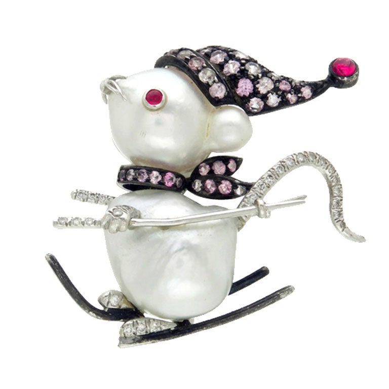 South Sea Pearl Gemstones Diamond Ski Mouse Brooch For Sale