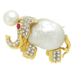 Playful Elephant South Sea Pearl Ruby Diamonds Brooch