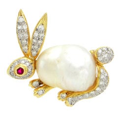 Vintage South Sea Pearl Ruby Diamond Rabbit Brooch