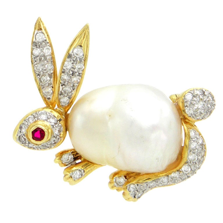 South Sea Pearl Ruby Diamond Rabbit Brooch For Sale