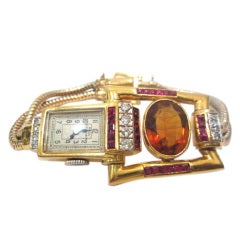 PAUL DITISHEIM Citrine, Ruby and Diamond Retro Watch