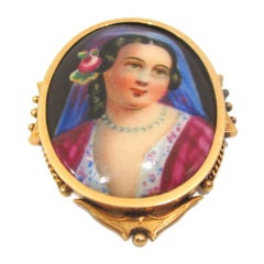 Antique Gold Porcelain Portrait Pin