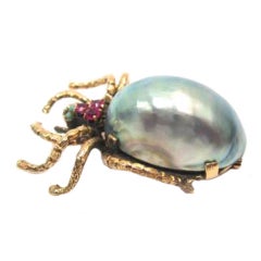 Unique Turquoise Pearl Ruby Gold Bug Pin