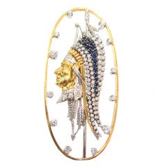 Blue Sapphire, Diamond and Gold Native Indian Head Pin