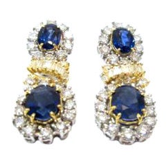 Vintage Impressive Blue Sapphire, Diamond and Gold Earrings