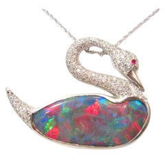 Australian Black Opal, Ruby and Diamond Swan Pin/Pendant
