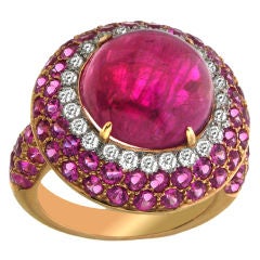 Yellow Gold Burma Cabochon Ruby, Sapphire & Diamond Ring