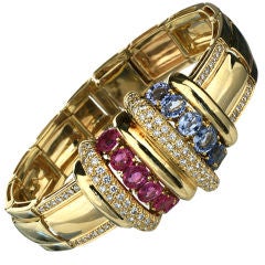 Vintage Elegant Yellow Gold Pink and Blue Sapphire, Diamond Bracelet