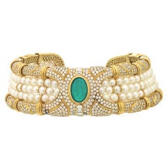 Elegant Yellow Gold Emerald, Pearl & Diamond Choker Necklace