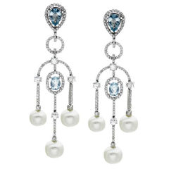 Unique White Gold, Pearl, Aquamarine and Diamonds Earrings