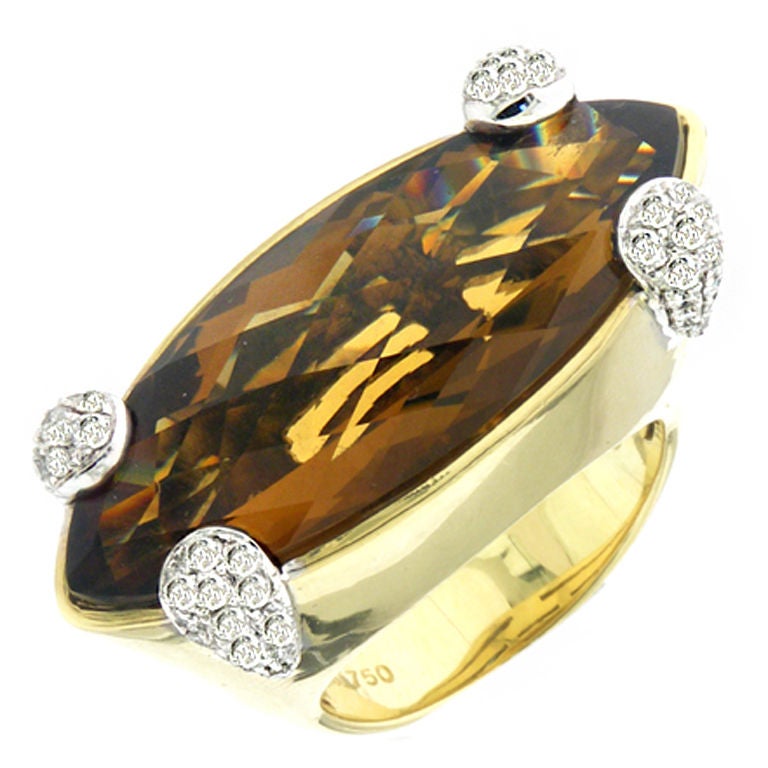 Impressive Yellow Gold, Diamond, and Smokey Topaz Ring For Sale