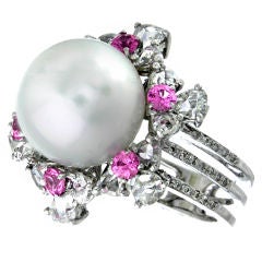 White Gold, Diamonds, South Sea Pearl and Pink Sapphire Ring