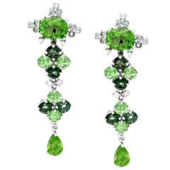 Gold, Green Peridot, Green Sapphire, Green Tourmaline Earrings