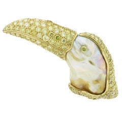Natural Pearl and Diamond Toucan Brooch