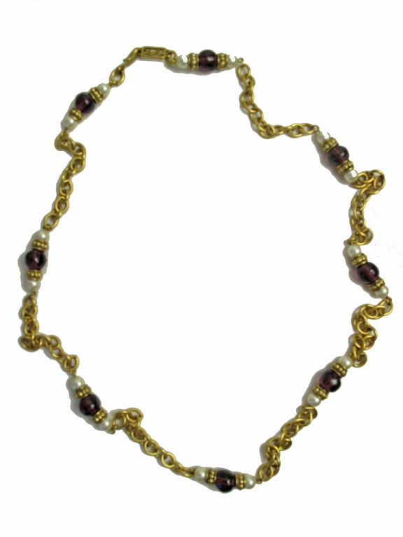 1970s Long Yves Saint Laurent Plum Glass Bead Necklace  In Excellent Condition In Austin, TX