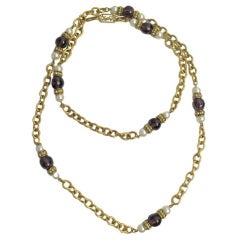 1970s Long Yves Saint Laurent Plum Glass Bead Necklace 