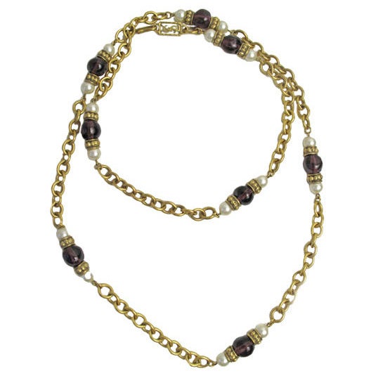1970s Long Yves Saint Laurent Plum Glass Bead Necklace 